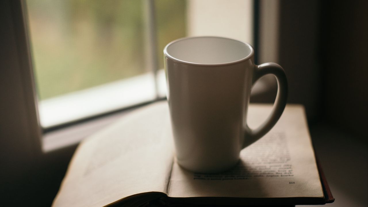 Wallpaper cup, book, reading, window