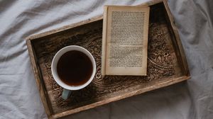 Preview wallpaper cup, book, tray, tea, comfort