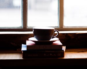 Preview wallpaper cup, books, window, windowsill, light