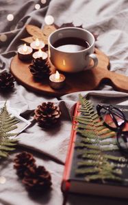 Preview wallpaper cup, candles, cones, coffee, drink, book, comfort