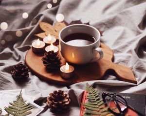 Preview wallpaper cup, candles, cones, coffee, drink, book, comfort