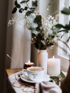 Preview wallpaper cup, candles, glasses, coffee, comfort