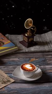 Preview wallpaper cup, cappuccino, coffee, figurine, book