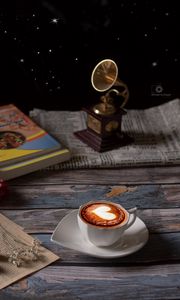 Preview wallpaper cup, cappuccino, coffee, figurine, book