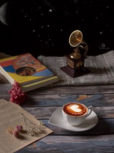 Preview wallpaper cup, cappuccino, coffee, figurine, book