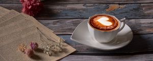 Preview wallpaper cup, cappuccino, coffee, figurine, book