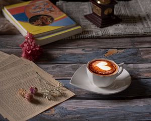 Preview wallpaper cup, cappuccino, coffee, figurine, book