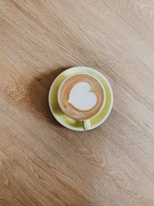 Preview wallpaper cup, cappuccino, drink, pattern, wooden