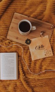 Preview wallpaper cup, coffee, book, inscription