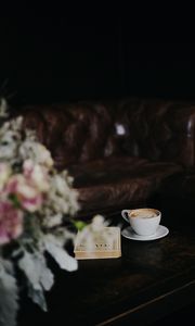 Preview wallpaper cup, coffee, book, bouquet, table