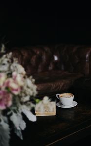 Preview wallpaper cup, coffee, book, bouquet, table