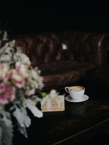 Preview wallpaper cup, coffee, book, bouquet, table