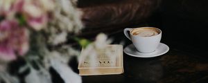 Preview wallpaper cup, coffee, book, bouquet, table