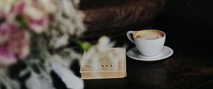 Preview wallpaper cup, coffee, book, bouquet, table