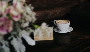 Preview wallpaper cup, coffee, book, bouquet, table