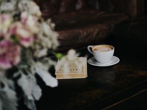 Preview wallpaper cup, coffee, book, bouquet, table