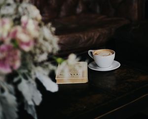 Preview wallpaper cup, coffee, book, bouquet, table