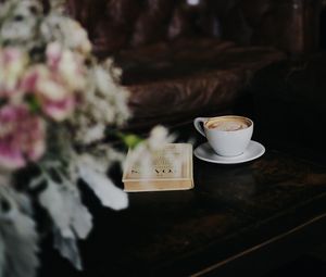 Preview wallpaper cup, coffee, book, bouquet, table