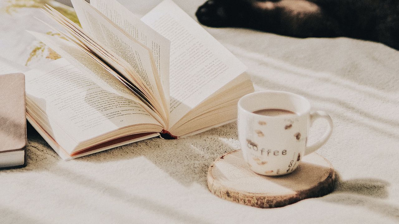 Wallpaper cup, coffee, book, pages, cat