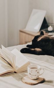 Preview wallpaper cup, coffee, book, pages, cat