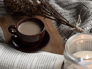 Preview wallpaper cup, coffee, book, dried flowers, board