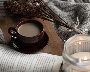 Preview wallpaper cup, coffee, book, dried flowers, board