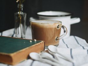 Preview wallpaper cup, coffee, book, flowers, bouquet