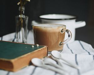 Preview wallpaper cup, coffee, book, flowers, bouquet