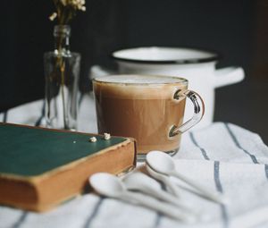 Preview wallpaper cup, coffee, book, flowers, bouquet