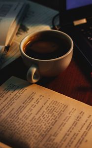 Preview wallpaper cup, coffee, books, pen, laptop