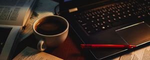 Preview wallpaper cup, coffee, books, pen, laptop