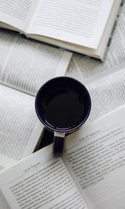 Preview wallpaper cup, coffee, books, text