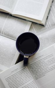 Preview wallpaper cup, coffee, books, text