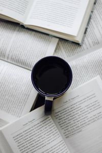 Preview wallpaper cup, coffee, books, text