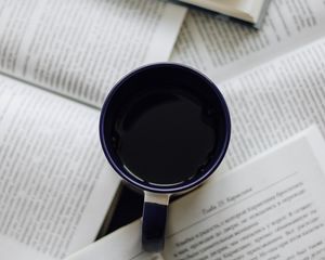 Preview wallpaper cup, coffee, books, text