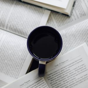 Preview wallpaper cup, coffee, books, text