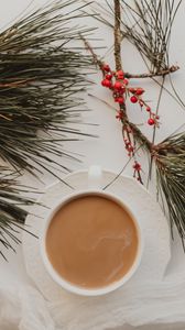 Preview wallpaper cup, coffee, branches, berries, needles