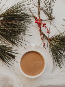 Preview wallpaper cup, coffee, branches, berries, needles