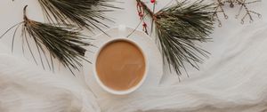 Preview wallpaper cup, coffee, branches, berries, needles