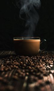 Preview wallpaper cup, coffee, coffee beans, drink, steam