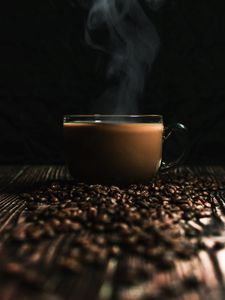 Preview wallpaper cup, coffee, coffee beans, drink, steam