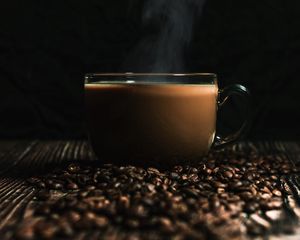 Preview wallpaper cup, coffee, coffee beans, drink, steam