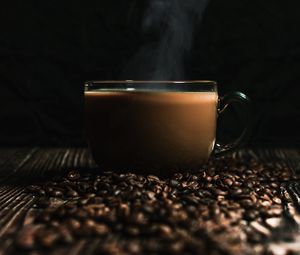 Preview wallpaper cup, coffee, coffee beans, drink, steam