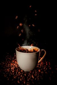 Preview wallpaper cup, coffee, coffee beans, splash, steam