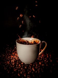 Preview wallpaper cup, coffee, coffee beans, splash, steam