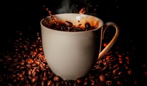 Preview wallpaper cup, coffee, coffee beans, splash, steam