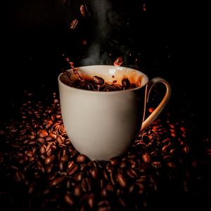 Preview wallpaper cup, coffee, coffee beans, splash, steam