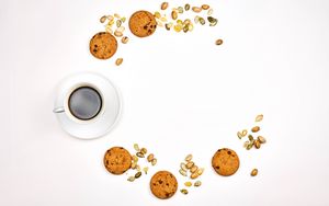 Preview wallpaper cup, coffee, cookies, white