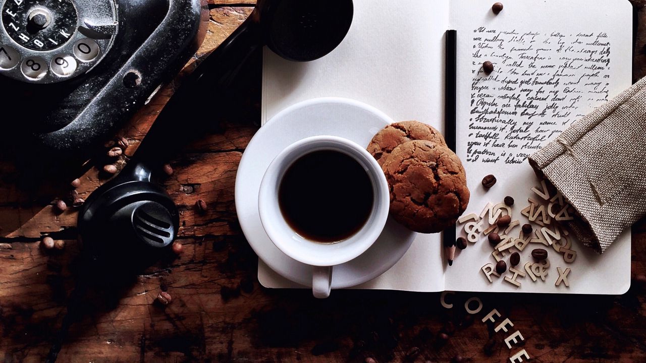 Wallpaper cup, coffee, cookies, notebook
