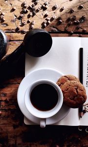 Preview wallpaper cup, coffee, cookies, notebook